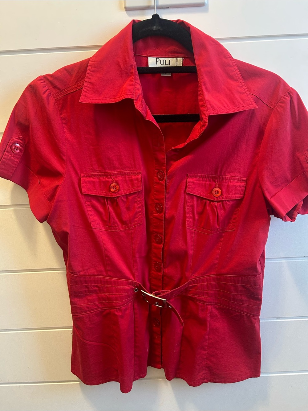 Puli Bright Red Short-Sleeve Button-Down Shirt with Belt